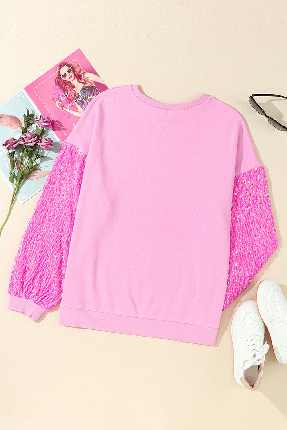 Pink Christmas Pattern Sequin Sleeve Crewneck Sweatshirts Graphic Sweatshirts JT's Designer Fashion