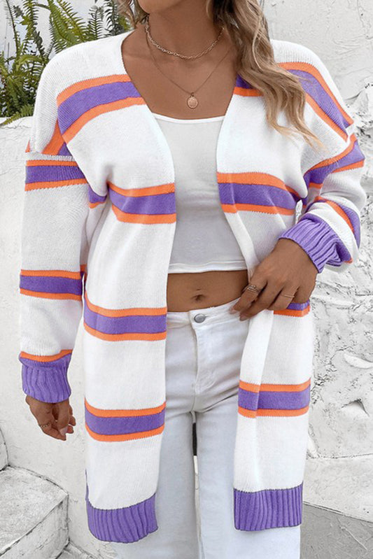 Beige Plus Size Striped Dropped Shoulder Sweater Cardigan Plus Size JT's Designer Fashion