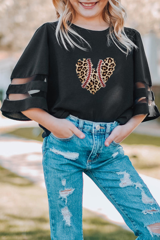 Black Leopard Heart Baseball Seam Print Kids Bell Sleeve Top Black 95%Polyester+5%Spandex Family T-shirts JT's Designer Fashion