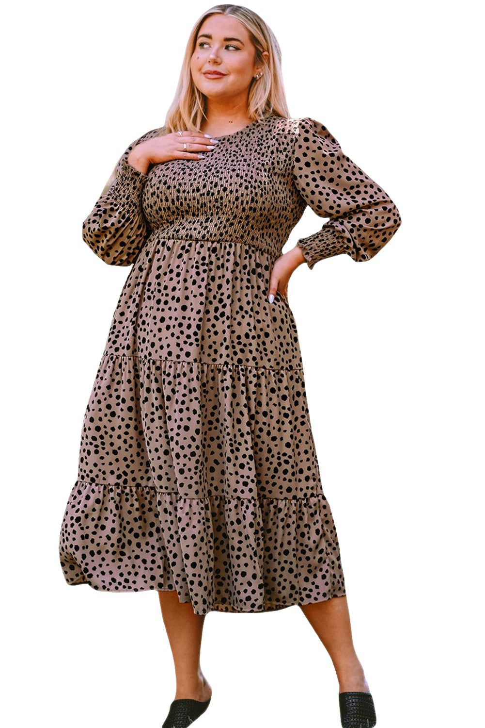 Pink Plus Size Leopard Print Smocked Tiered Dress Plus Size Dresses JT's Designer Fashion