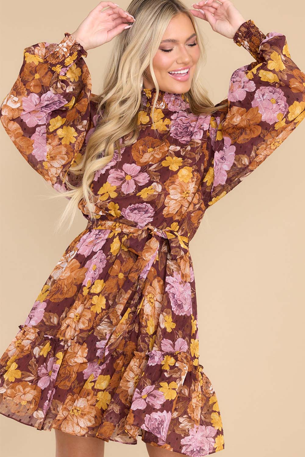 Multicolor Shirred High Neck Lace-up High Waist Floral Dress Dresses JT's Designer Fashion