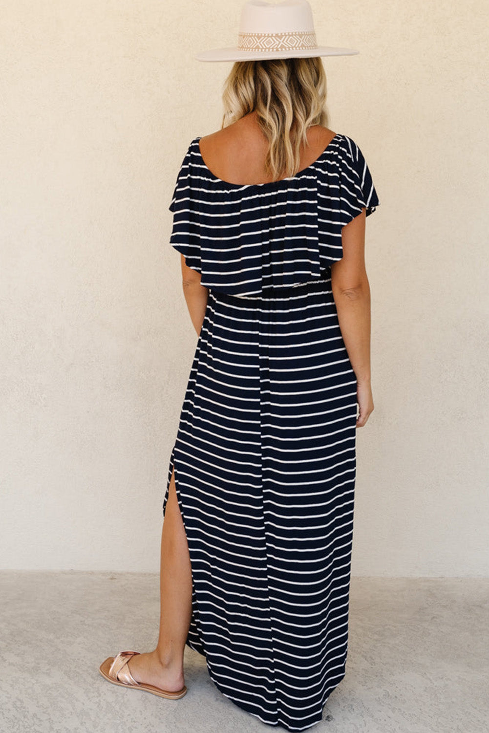 Blue Striped Print Ruffled High Waist Maxi Dress with Side Splits Maxi Dresses JT's Designer Fashion