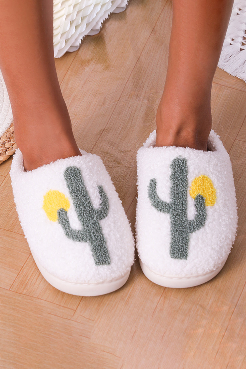 White Fuzzy Cactus Pattern Winter Home Slippers Slippers JT's Designer Fashion