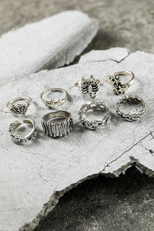 Silvery Vintage Skull Cross Ring 8-piece Set Jewelry JT's Designer Fashion