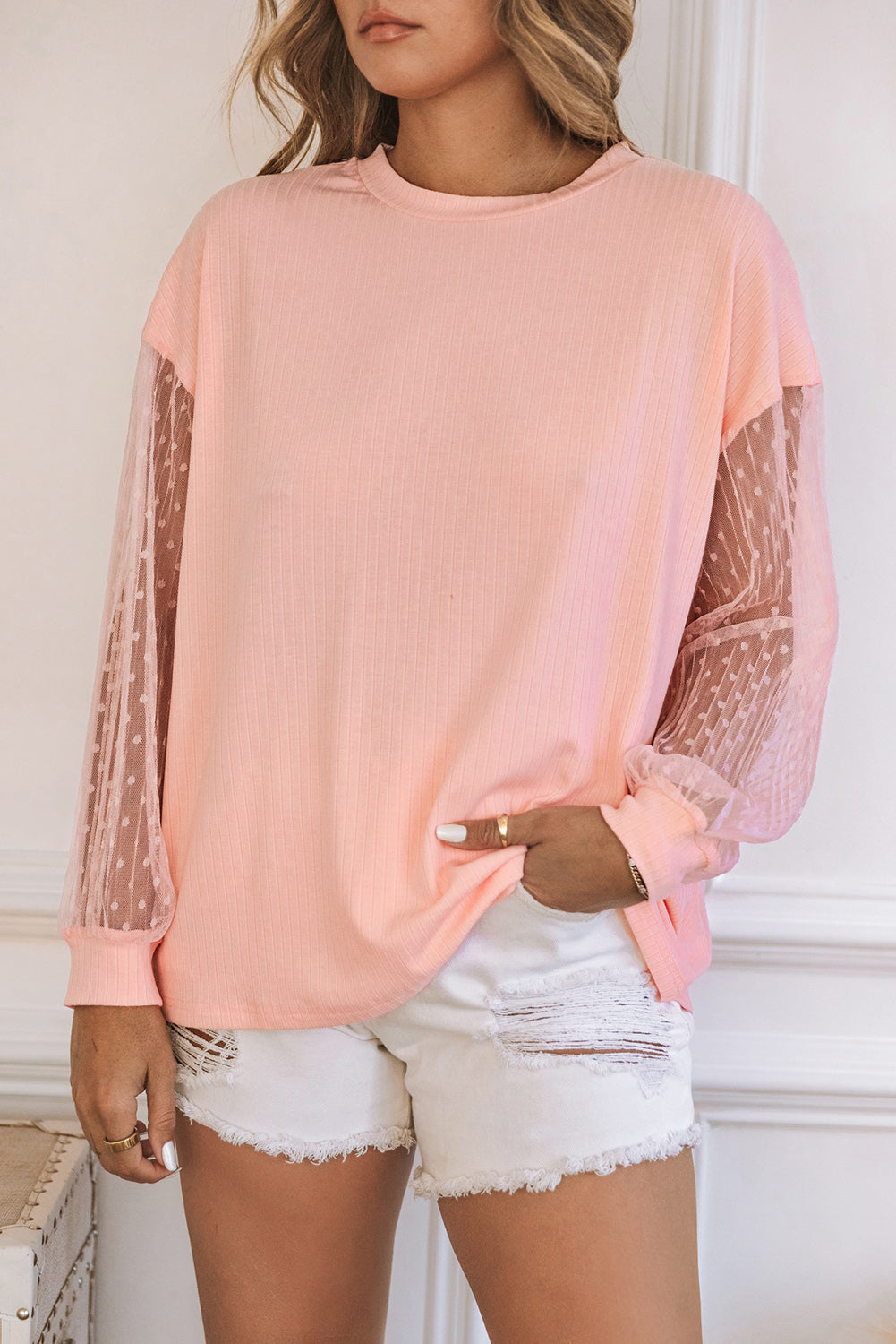 Pink Polka Dot Mesh Patchwork Long Sleeve Top Long Sleeve Tops JT's Designer Fashion