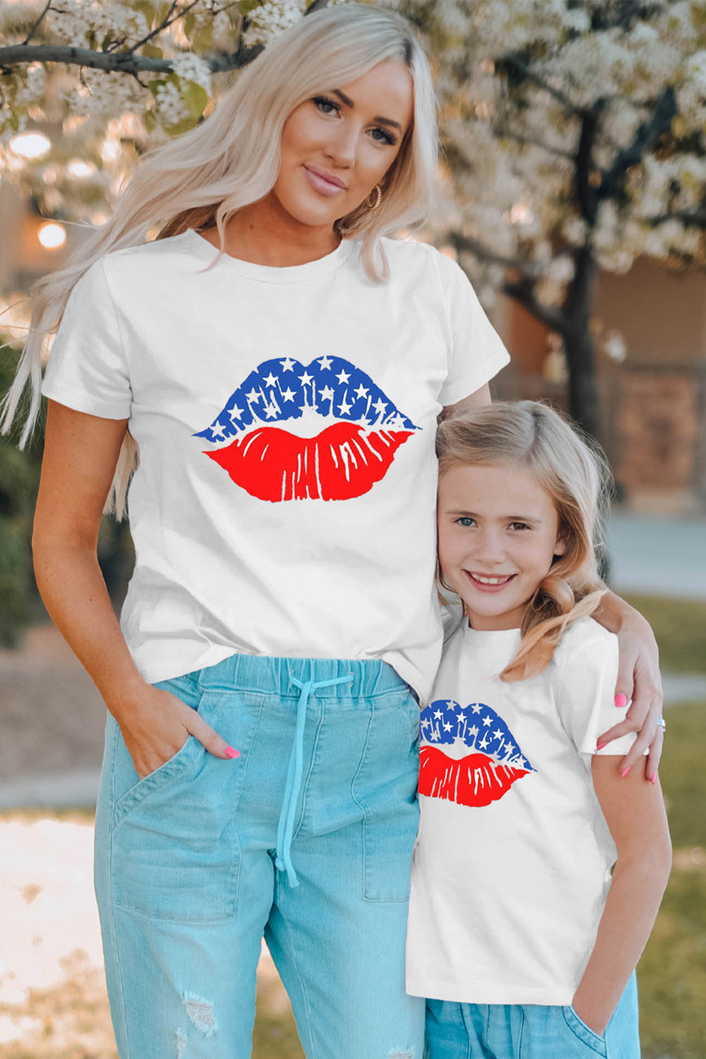 White Family Matching Girl's American Flag Lip Print Short Sleeve T Shirt Family T-shirts JT's Designer Fashion
