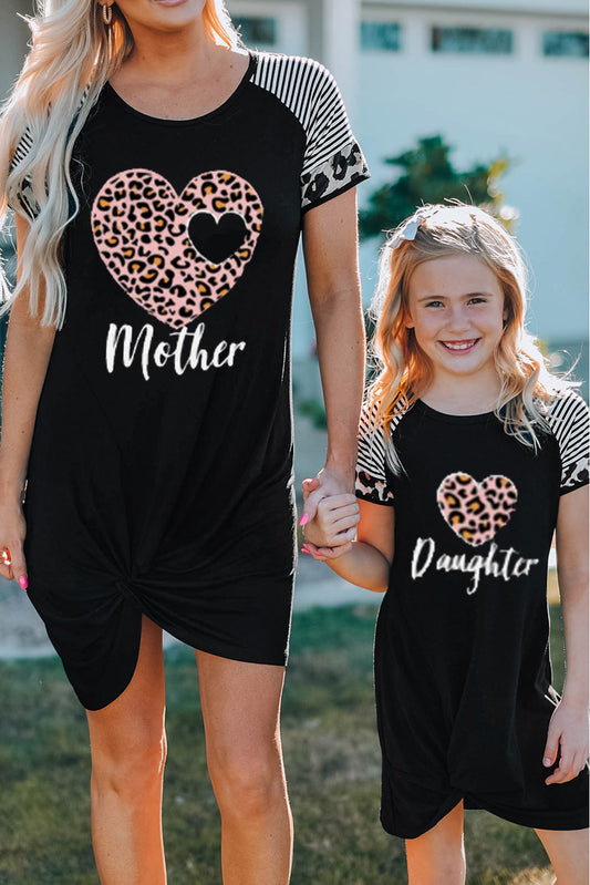 Black Leopard Heart Family Matching T-shirt Dress for Mother Black 95%Polyester+5%Spandex Family Dress JT's Designer Fashion