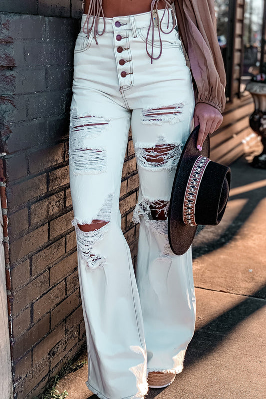 White Light Washed Distressed Slits Button Fly Flare Jeans Bottoms JT's Designer Fashion