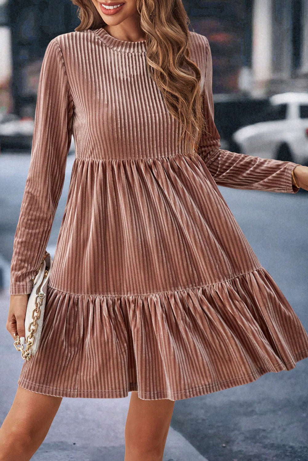 Apricot Powder Velvet Ribbed Long Sleeve Tiered Ruffled Mini Dress Dresses JT's Designer Fashion