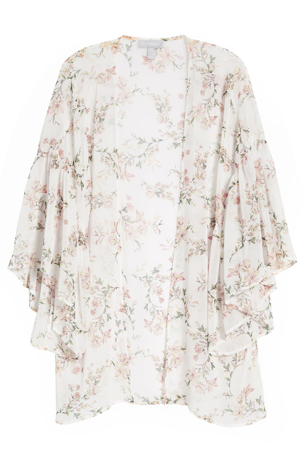 White Floral Print Ruffled Long Sleeves Kimono Kimonos JT's Designer Fashion