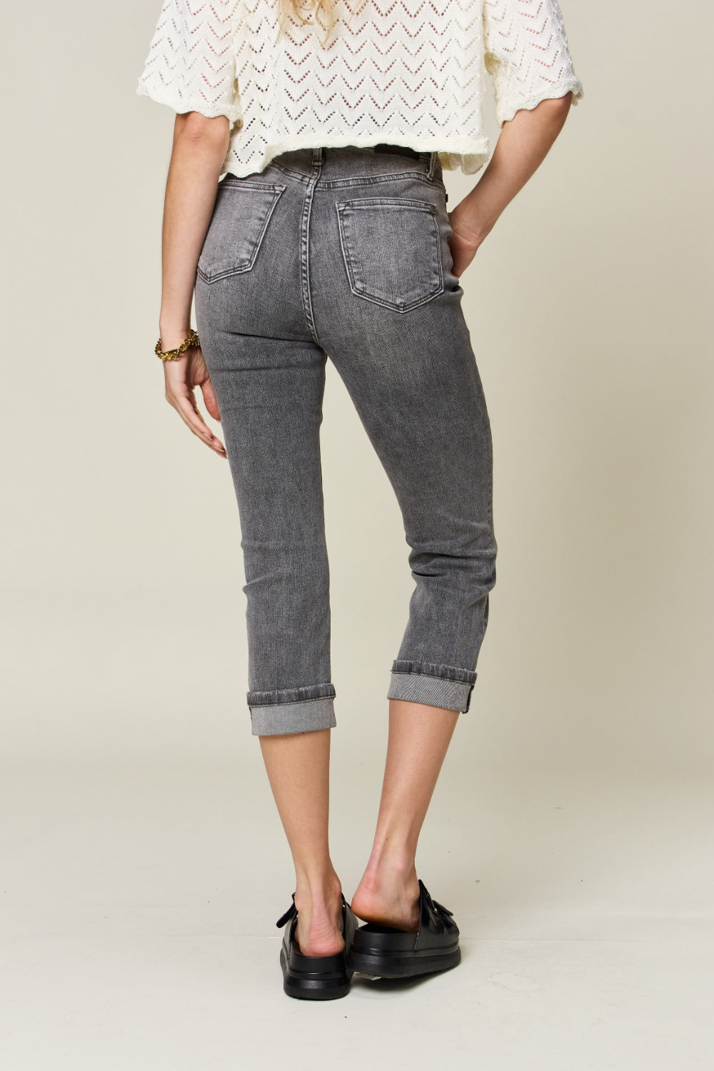 Judy Blue Full Size Button Fly High Waist Cuffed Capris Jeans JT's Designer Fashion