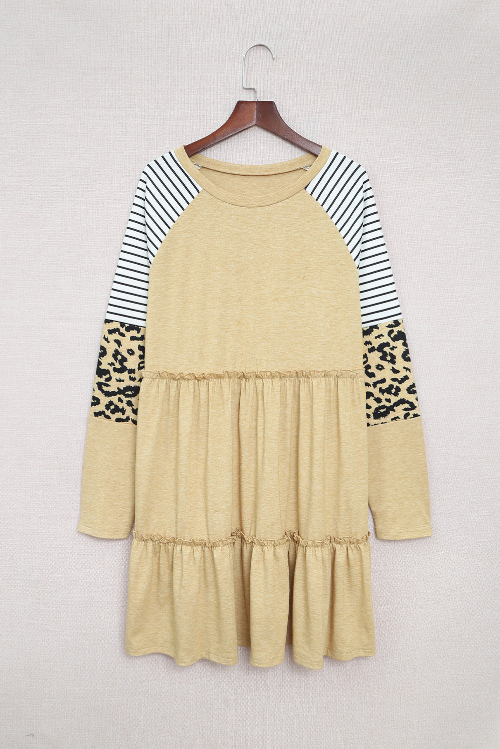 Khaki Striped Leopard Patchwork Long Sleeve Mini Dress Mini Dresses JT's Designer Fashion