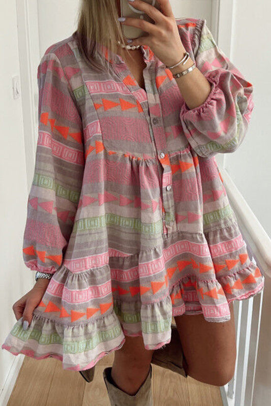 Multicolour Boho Print Puff Sleeve Buttoned Babydoll Dress Mini Dresses JT's Designer Fashion