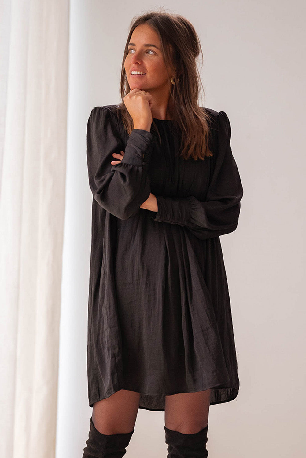 Black Solid Bishop Sleeve Pleated Mini Dress Dresses JT's Designer Fashion