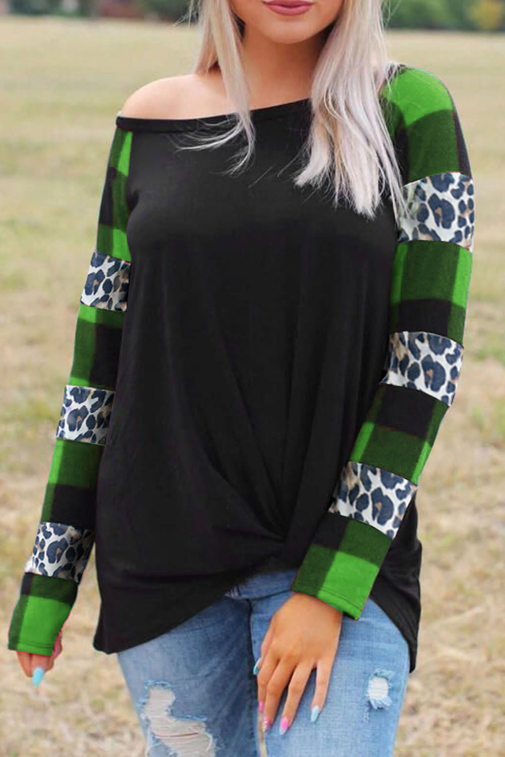 Green Off Shoulder Plaid&Leopard Print Long Sleeve Top Long Sleeve Tops JT's Designer Fashion