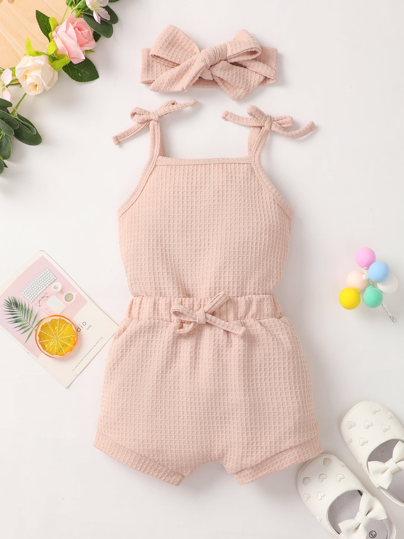 Baby Girl Waffle-Knit Tie-Shoulder Top and Shorts Set Baby JT's Designer Fashion