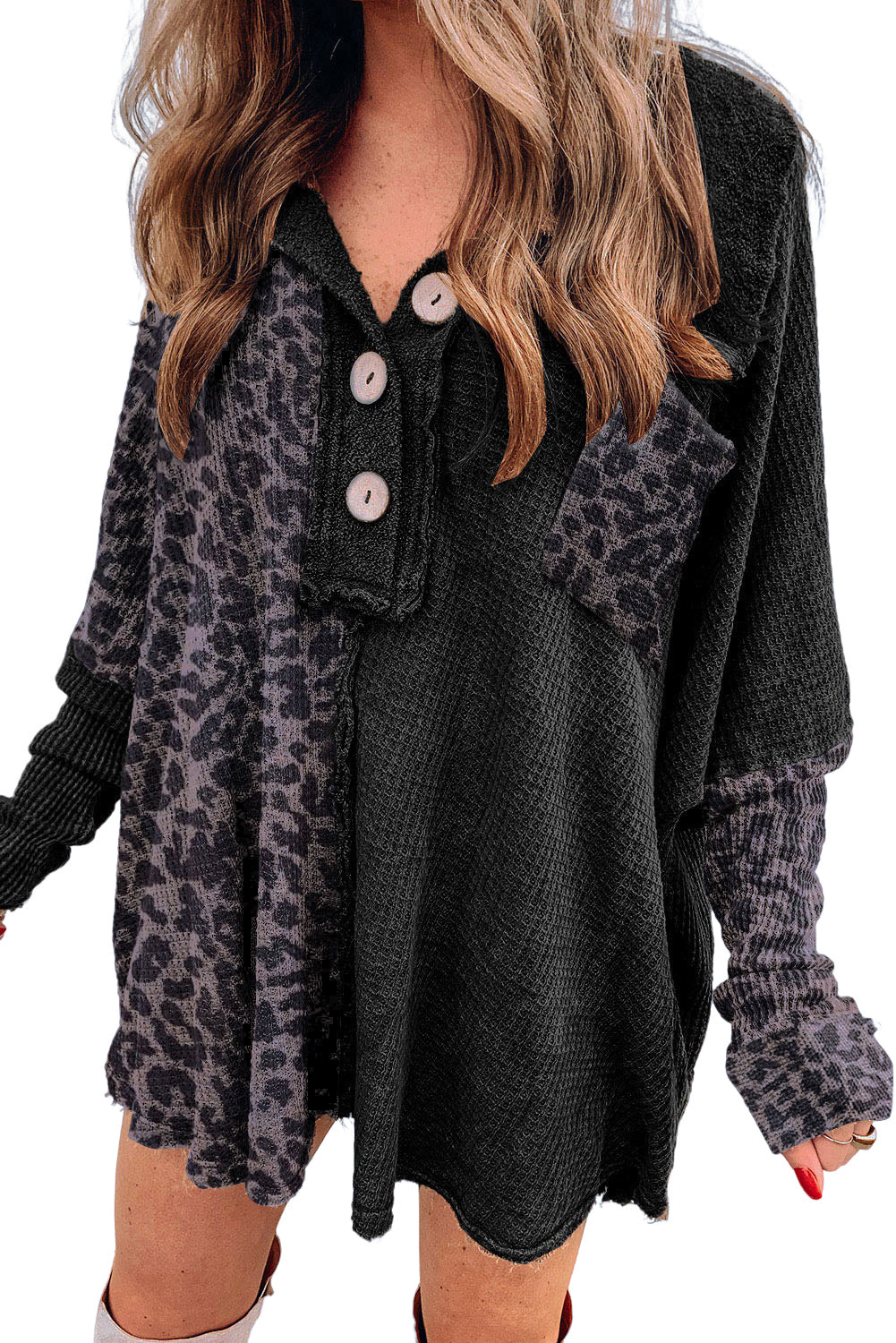 Black Leopard Patchwork Waffle Knit Buttoned Blouse Blouses & Shirts JT's Designer Fashion