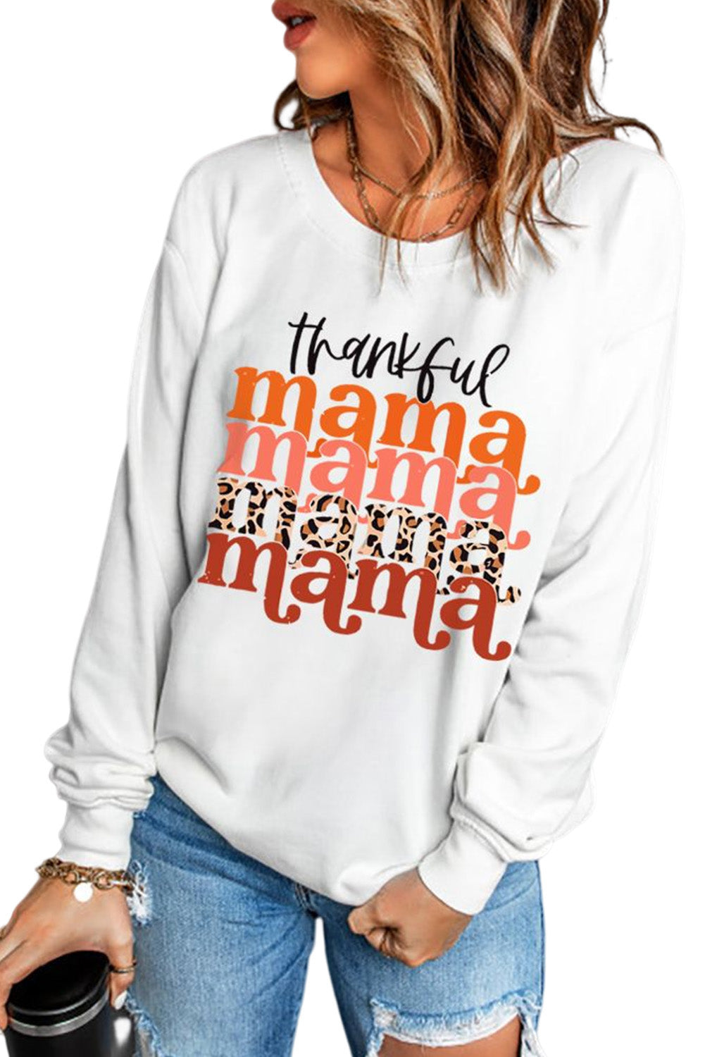 Beige Thankful Mama Graphic Print Long Sleeve Sweatshirt Graphic Sweatshirts JT's Designer Fashion