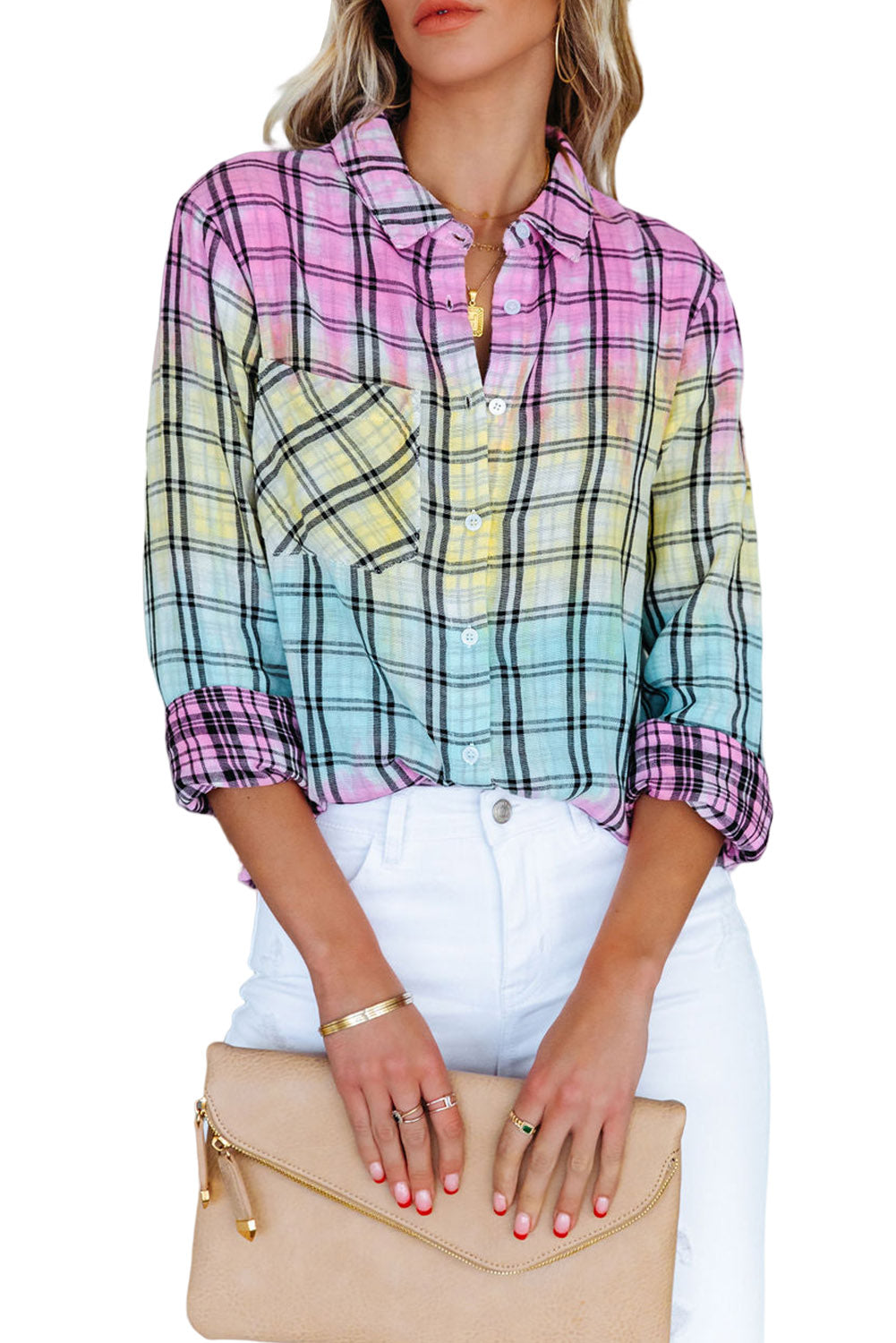 Multicolor Tie Dye Plaid Button Up Shirt Tops & Tees JT's Designer Fashion