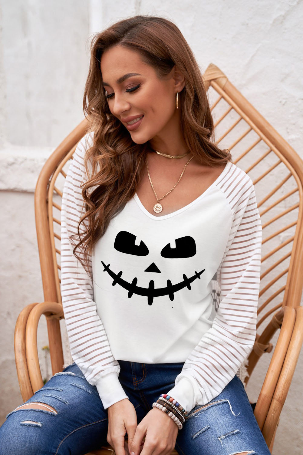 White Halloween Black Sheer-Stripe V-Neck Top Long Sleeve Tops JT's Designer Fashion
