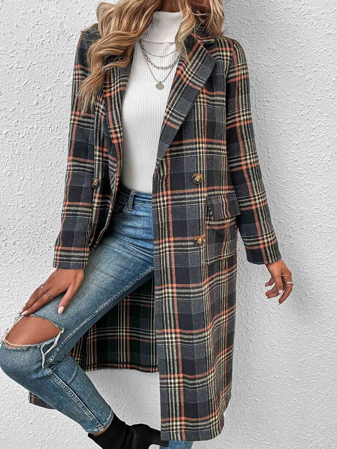Plaid Lapel Collar Trench Coat Coats & Jackets JT's Designer Fashion