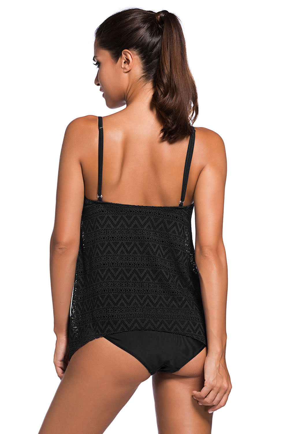 Black Lace Overlay Spaghetti Straps Tankini Swimsuit Tankinis JT's Designer Fashion