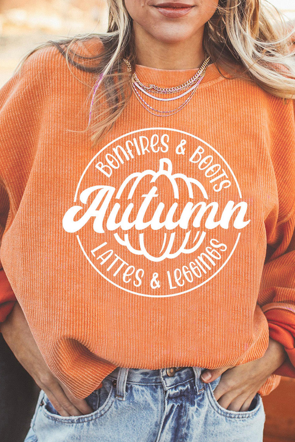 Orange Autumn Pumpkin Graphic Print Corded Oversized Sweatshirt Orange-3 100%Polyester Graphic Sweatshirts JT's Designer Fashion