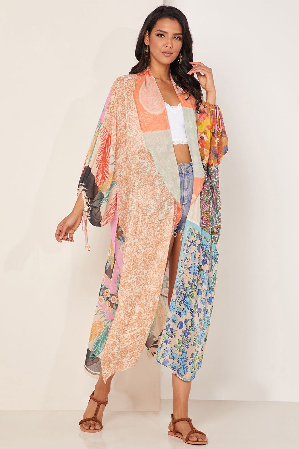 Orange Bohemian Patchwork Print Drawstring Puff Sleeve Kimono Kimonos JT's Designer Fashion