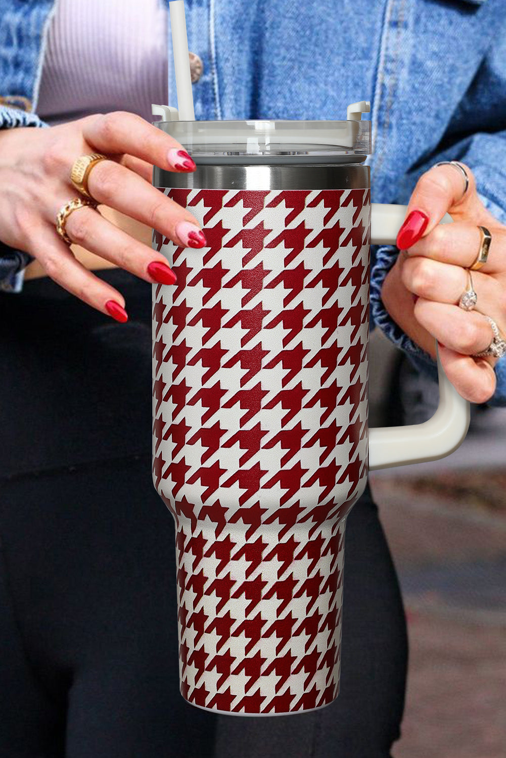 Fiery Red Houndstooth Pattern Stainless Steel Tumbler 40oz Tumblers JT's Designer Fashion