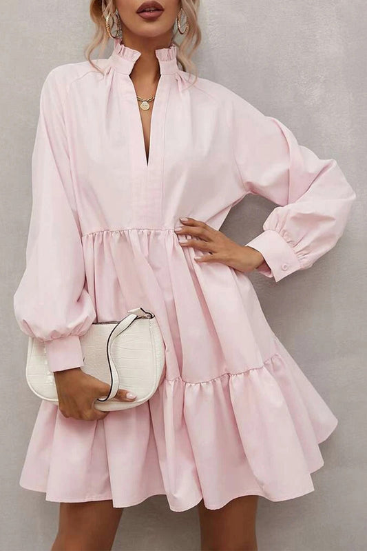 Pink Frilled Stand Collar Long Sleeve Ruffle Dress Mini Dresses JT's Designer Fashion