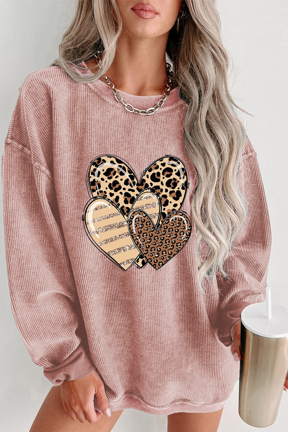Pink Leopard Heart Shape Corded Loose Fit Sweatshirt Pink 100%Polyester Graphic Sweatshirts JT's Designer Fashion