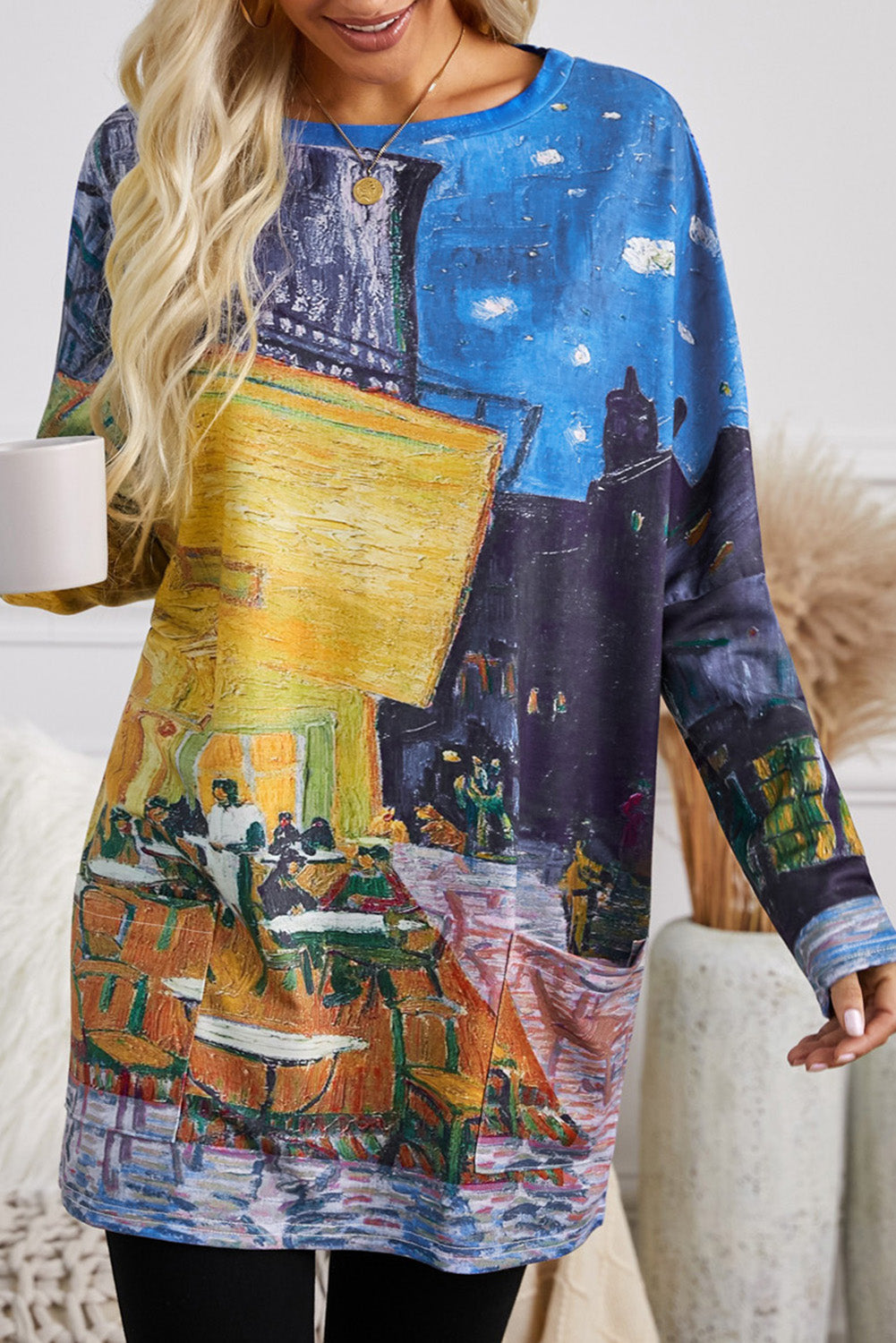 Multi-color Long Sleeve Tunic Top With Two Side Pockets Multicolor 95%Polyester+5%Spandex Long Sleeve Tops JT's Designer Fashion