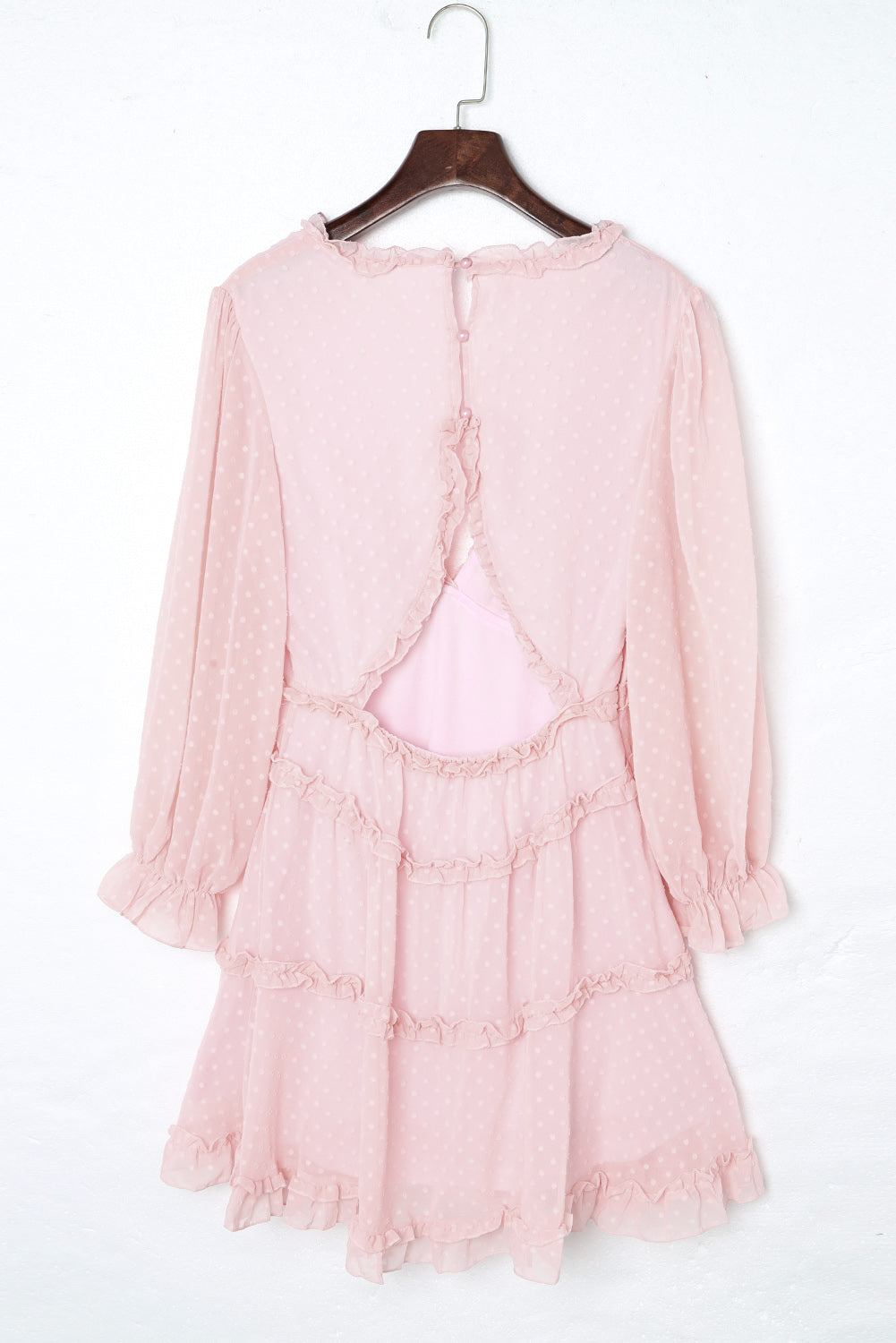 Pink Layered Ruffled Open Back Puff Sleeve Swiss Dot Mini Dress Mini Dresses JT's Designer Fashion
