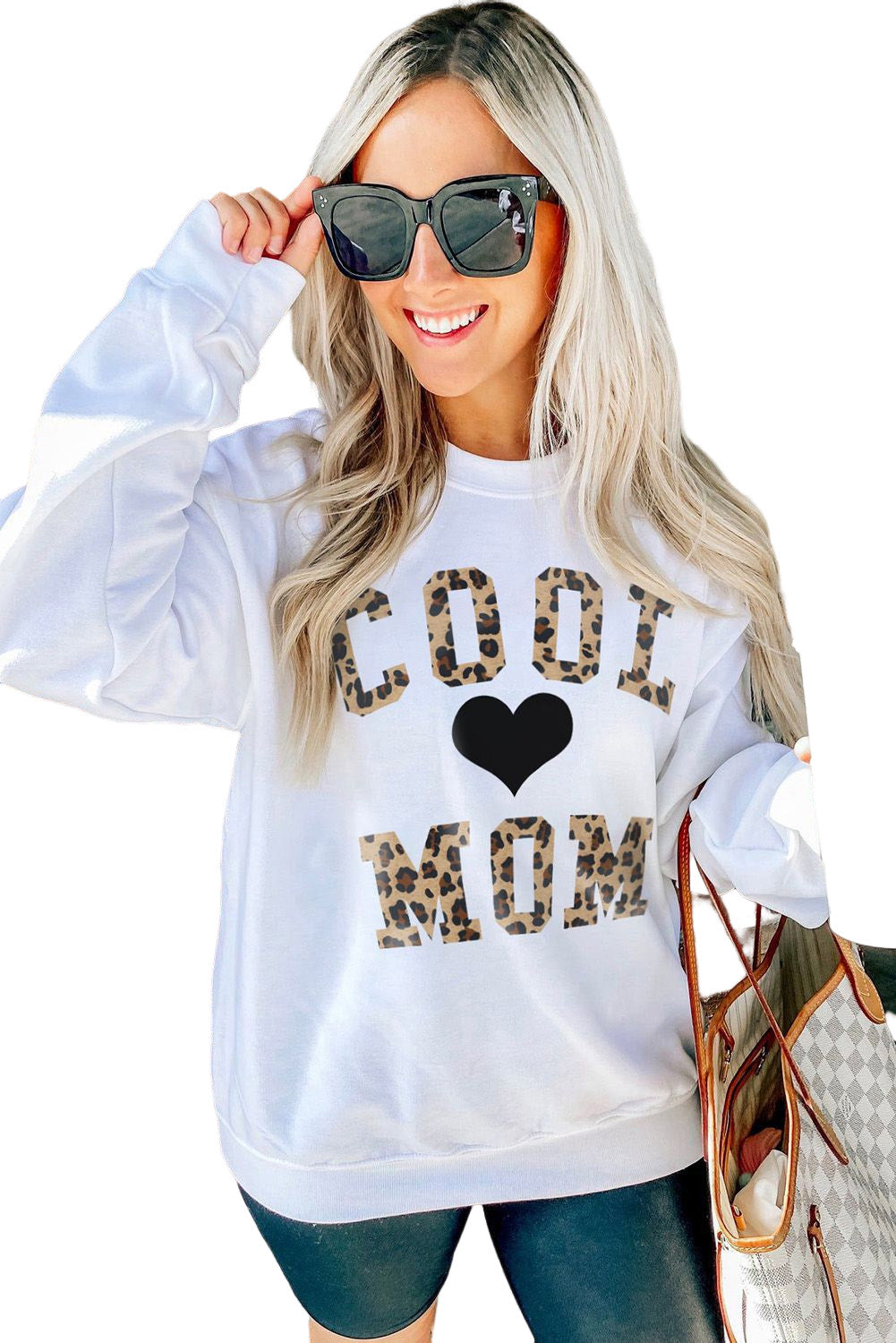White COOL MOM Leopard Heart Print Pullover Sweatshirt Graphic Sweatshirts JT's Designer Fashion