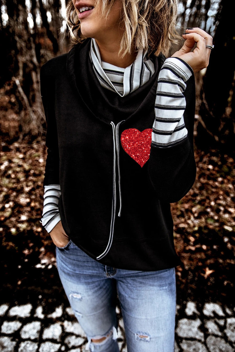 Black Valentines Glitter Heart Print Striped Cowl Neck Sweatshirt Graphic Sweatshirts JT's Designer Fashion