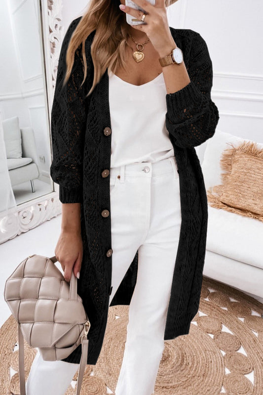 Black Khaki Long Sleeve Button Up Hollowed Cardigan Pre Order Sweaters & Cardigans JT's Designer Fashion