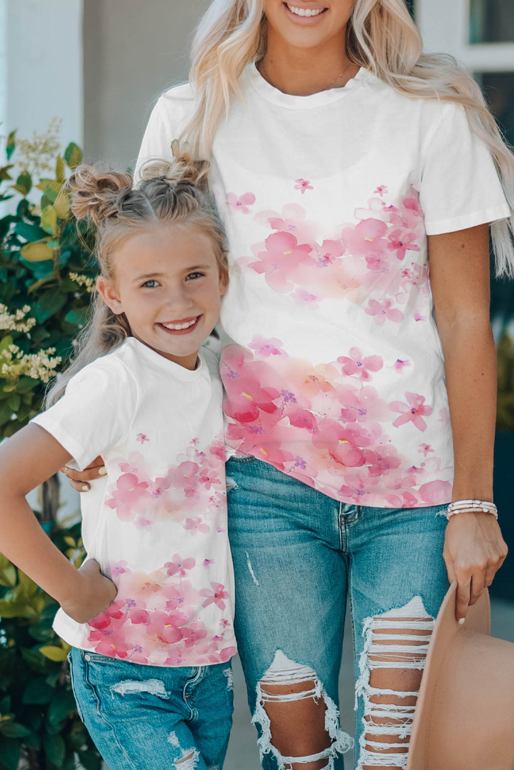 White Mother and Me Flower Pattern Print Short Sleeve Girl's T Shirt Family T-shirts JT's Designer Fashion