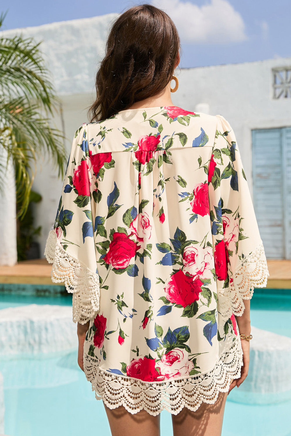 Beige Floral Print Scalloped Lace Splicing Kimono Kimonos JT's Designer Fashion