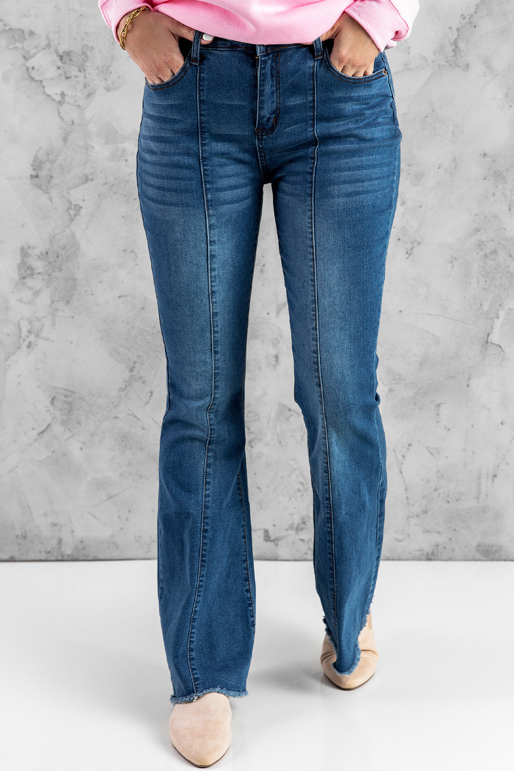 Blue Raw Hem Flared Jeans with Pockets Jeans JT's Designer Fashion