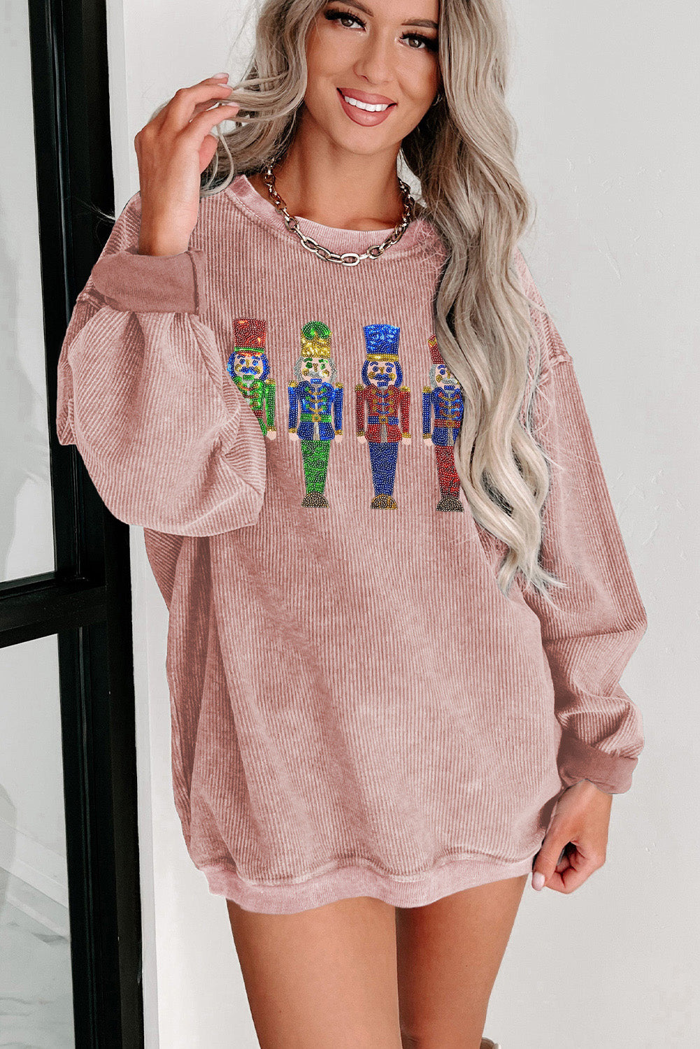 Pink Sequined Nutcracker Doll Corded Baggy Sweatshirt Graphic Sweatshirts JT's Designer Fashion
