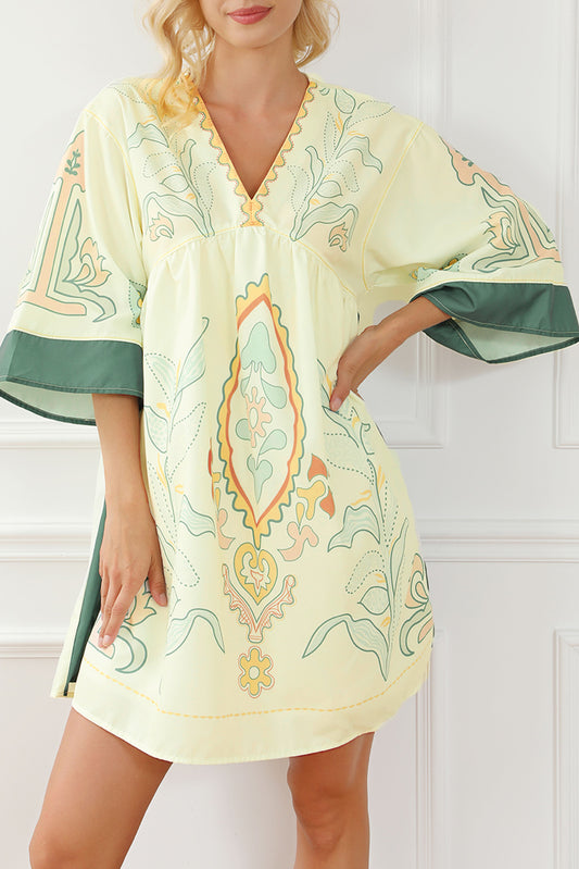 Multicolour Boho Print V Neck Empire Waist Short Kimono Dress Mini Dresses JT's Designer Fashion