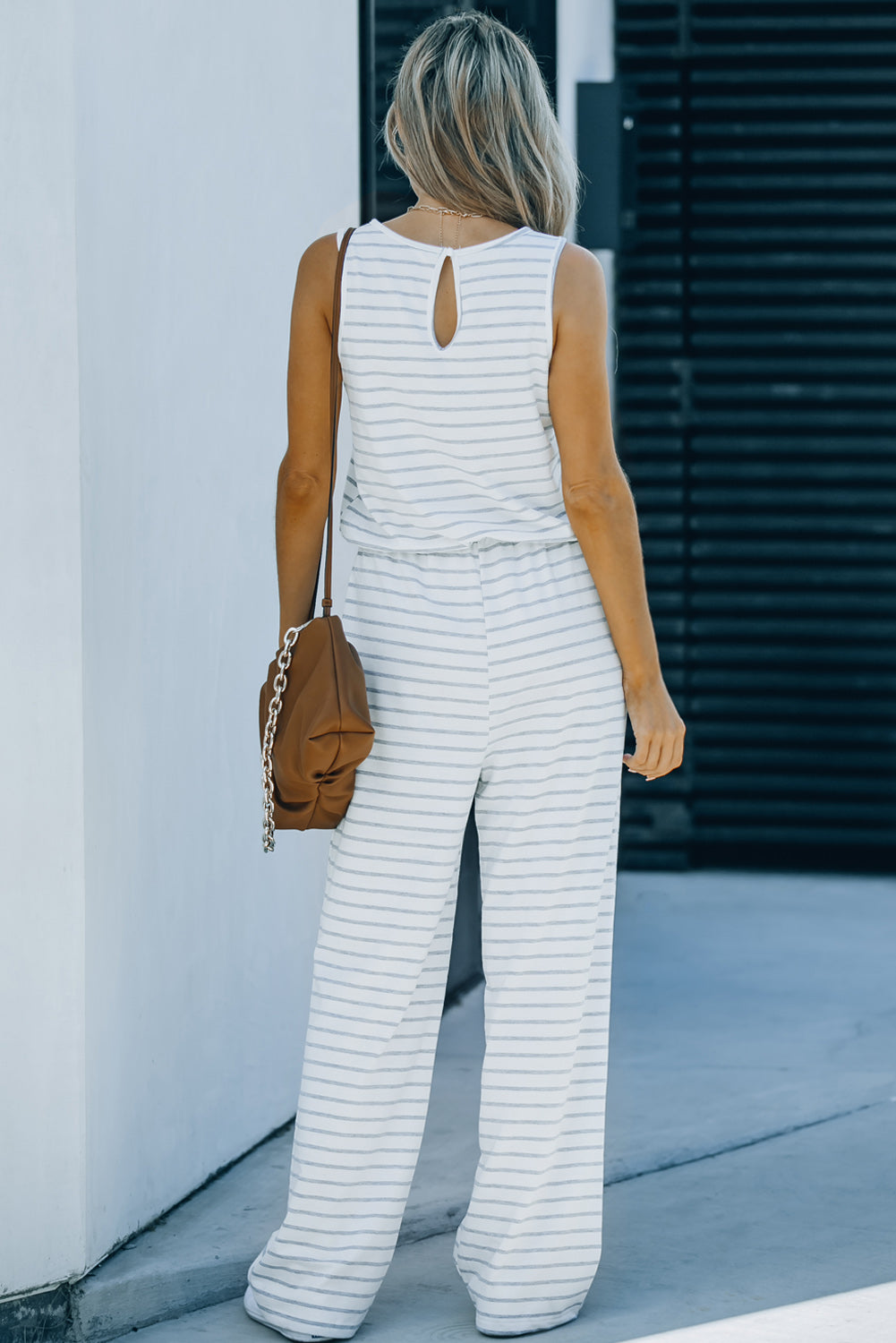 White Striped Print Pocketed Sleeveless Jumpsuit Jumpsuits & Rompers JT's Designer Fashion