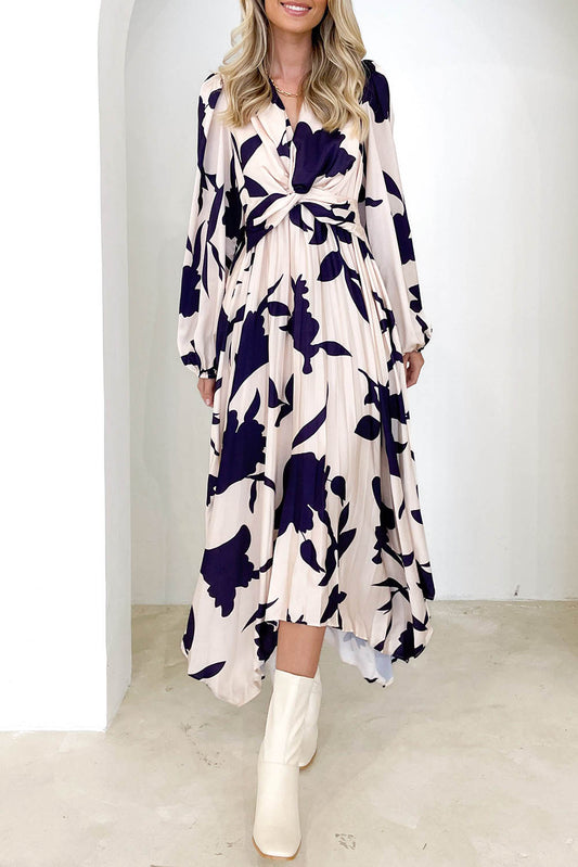 White Twisted Front Bubble Sleeve Floral Print Midi Dress Dresses JT's Designer Fashion