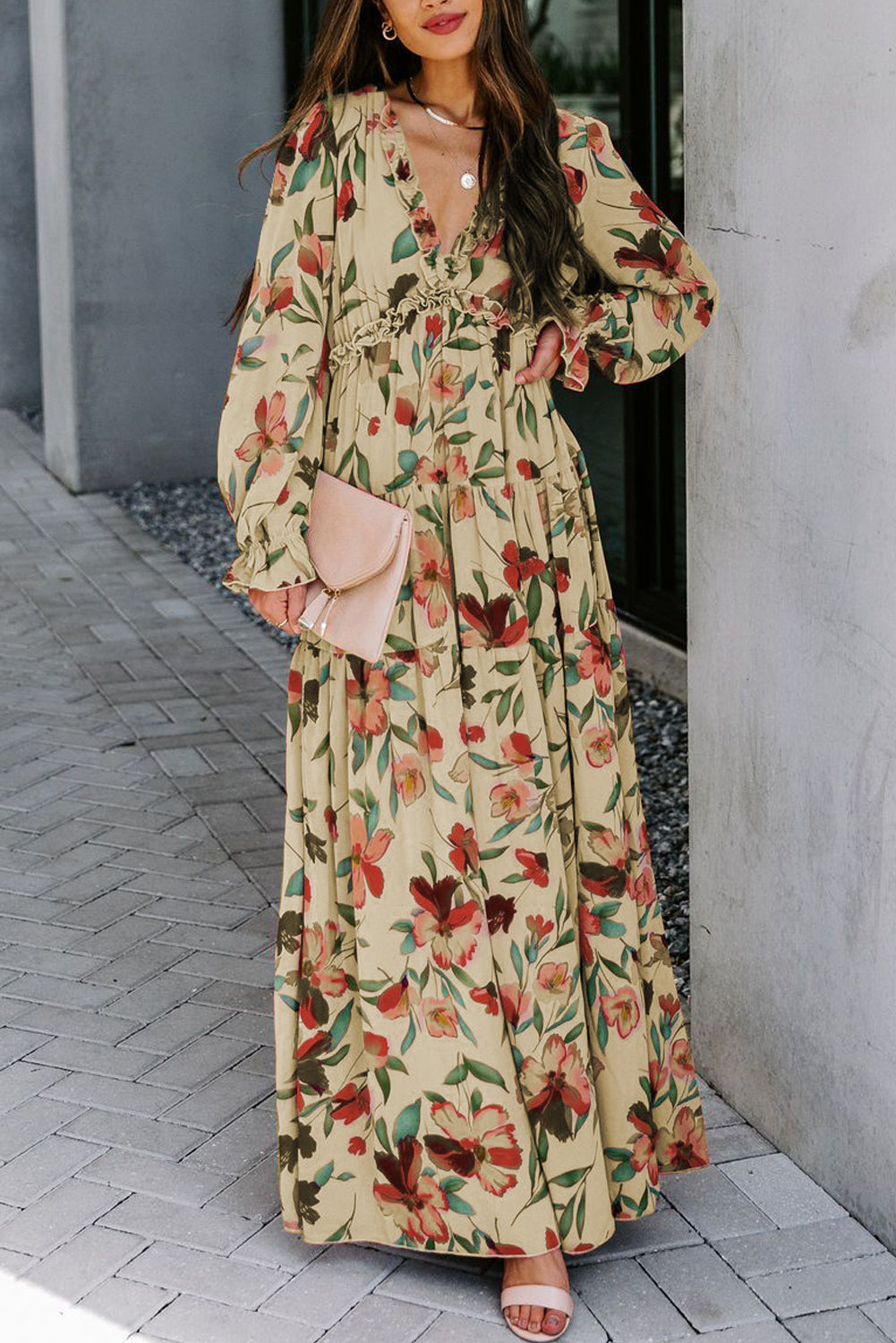 Wild Lotus Ruffle Tiered Maxi Dress Apricot 95%Polyester+5%Spandex Maxi Dresses JT's Designer Fashion