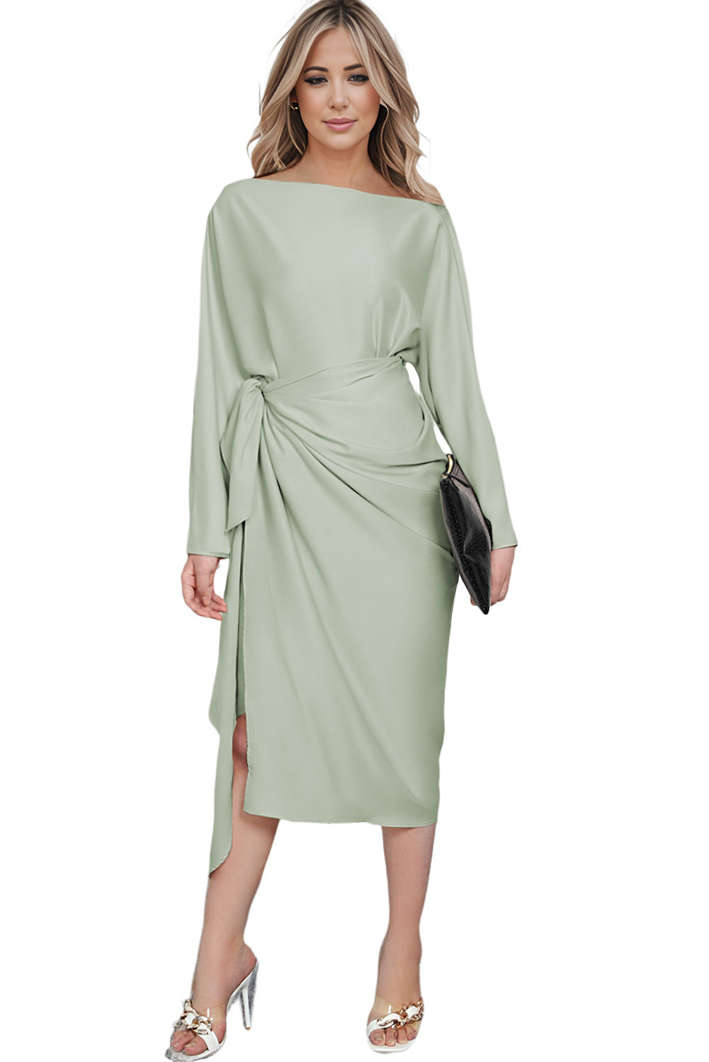 Green Satin Wrap Tie Side Boat Neck Long Sleeve Dress Evening Dresses JT's Designer Fashion