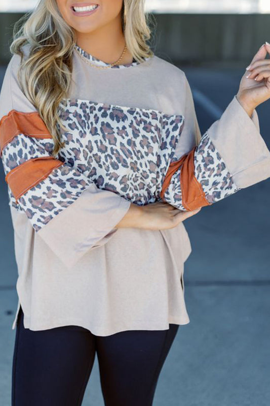 Khaki Leopard Patchwork Bell Sleeve Loose Split Top Tops & Tees JT's Designer Fashion