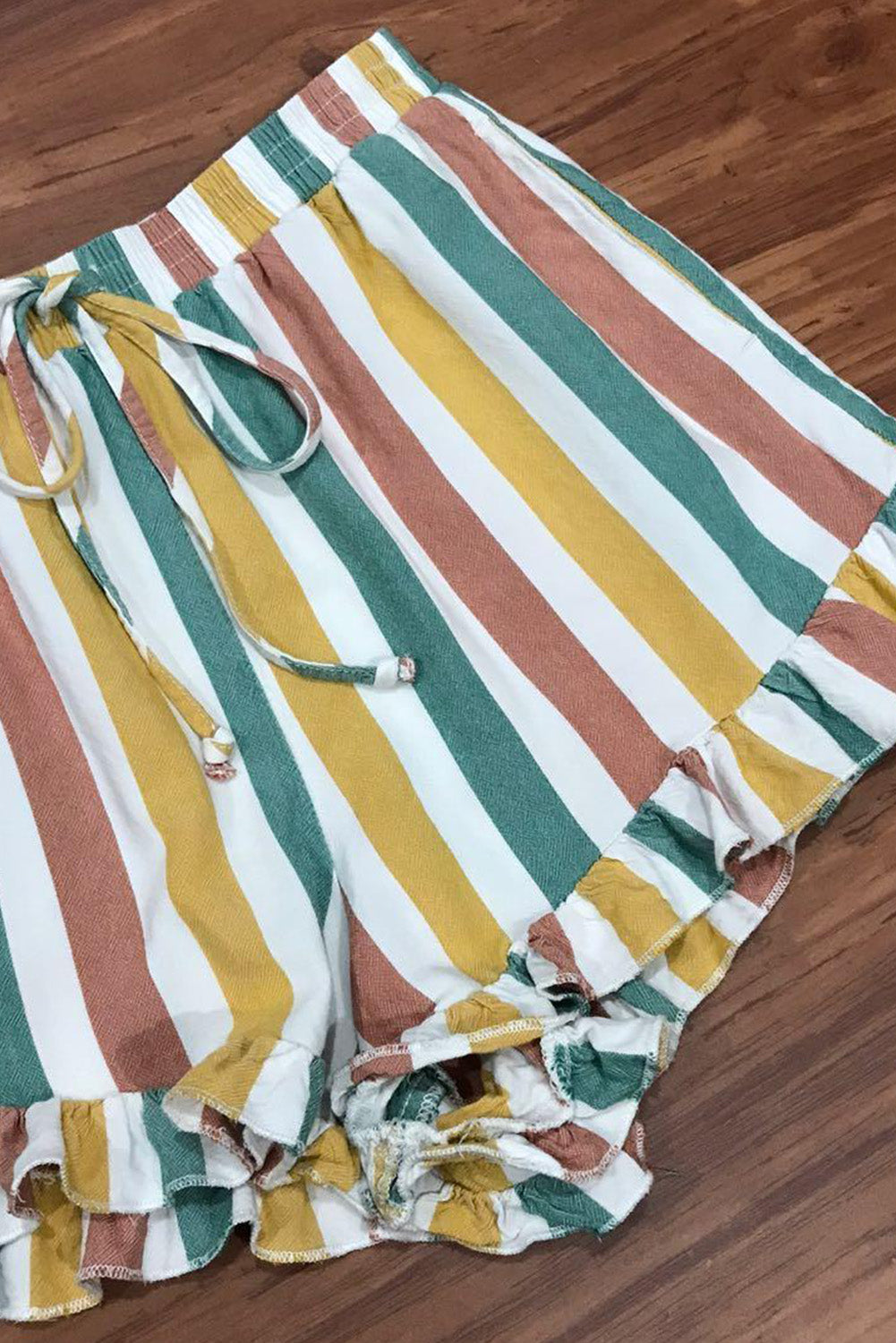 Multicolor Striped Ruffle Hem Drawstring Shorts Casual Shorts JT's Designer Fashion
