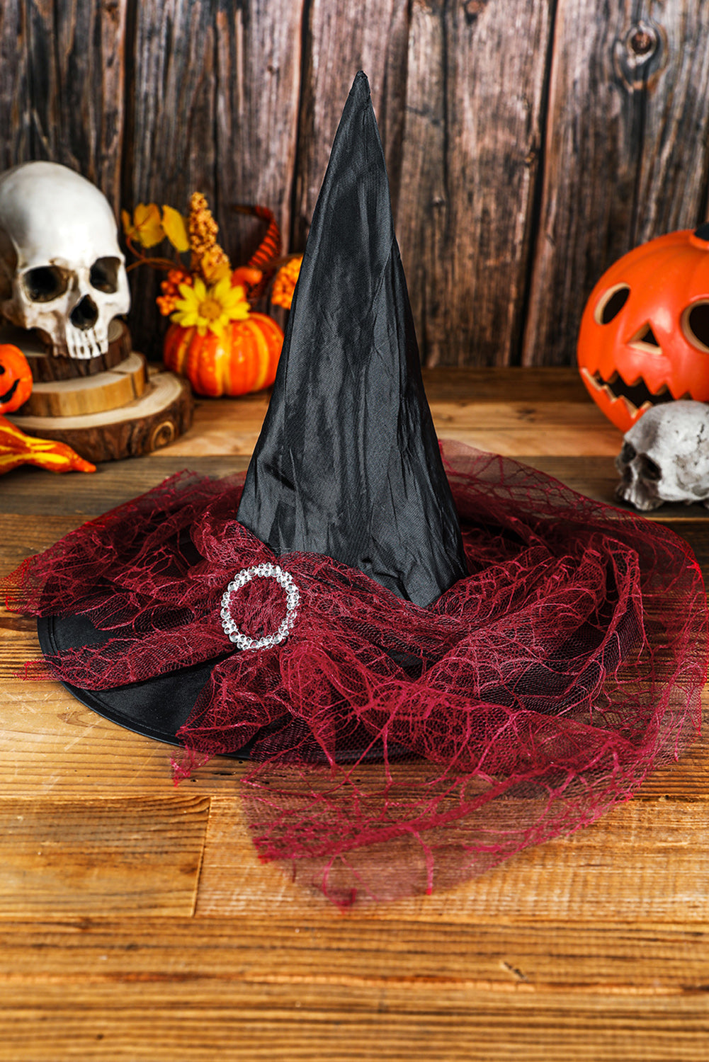 Ruby Mesh Decor Pointed Halloween Witch Hat Hats & Caps JT's Designer Fashion