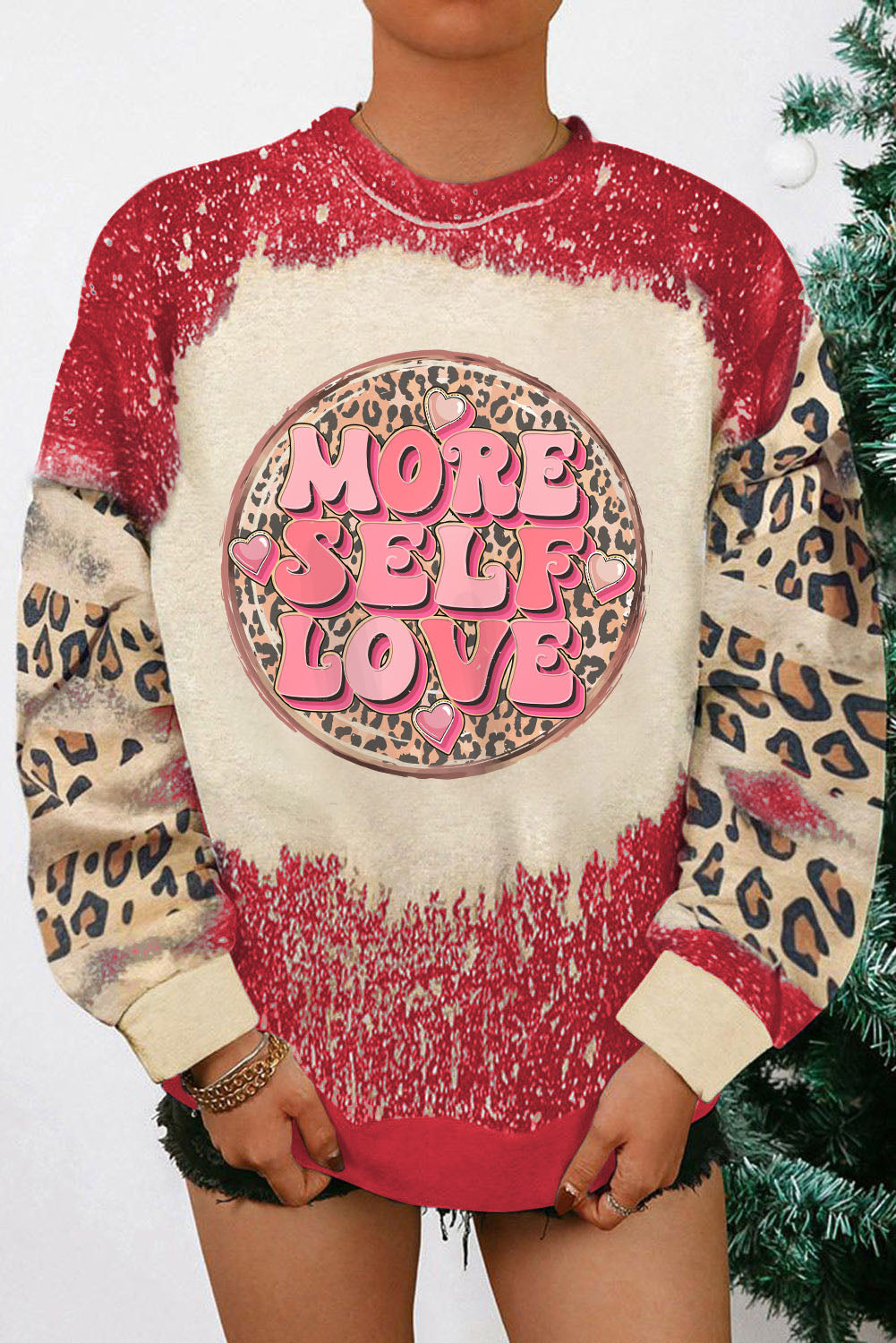 Red MORE SELF LOVE Leopard Tie Dye Graphic Sweatshirt Graphic Sweatshirts JT's Designer Fashion