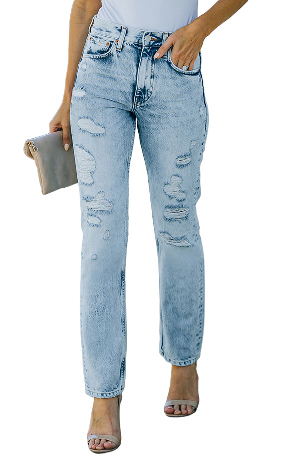 Sky Blue Light Wash Distressed Straight Jeans Jeans JT's Designer Fashion